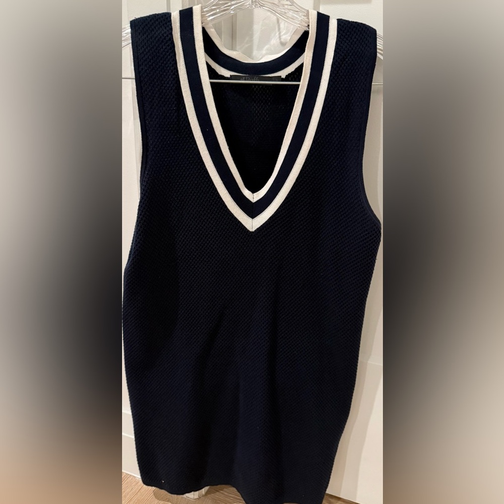 Raffi Bold Navy V Neck Knit Vest with White Stripe Trim. Size Small. Pre-Loved
